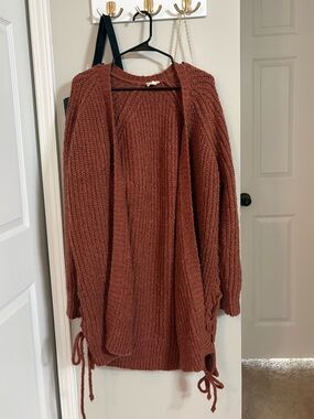 Open-Front Rust Knit Cardigan with Side Tie Accents